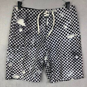 Vans Mens Swim Trunks 32 Black White Checkerboard Board Shorts Distressed Surf